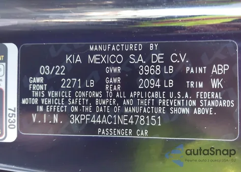 2022 Kia Forte Gt из США, поврежденный, VIN 3KPF44AC1NE478151